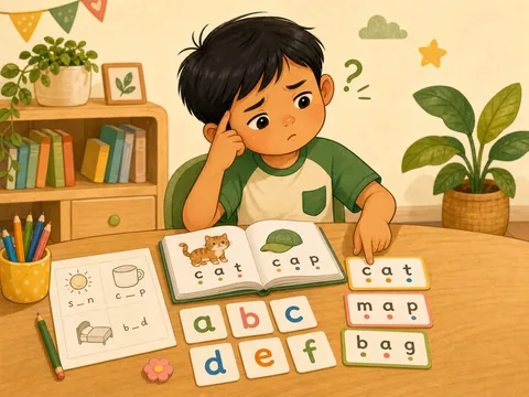 Puzzled child working through letters and beginner words