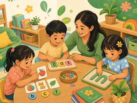 Teacher guiding children through hands-on phonics activities